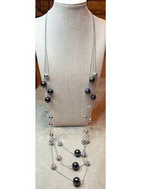 Express Long Layered Multi Strand Silver Tone Necklace Crystal Pave Beads